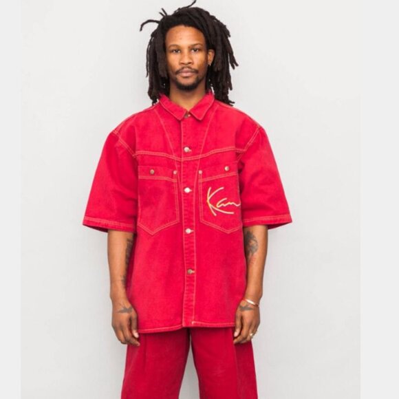 Karl Kani Vintage 90's Denim Short Sleeve Button Down Shirt Size Small Red - Picture 1 of 12